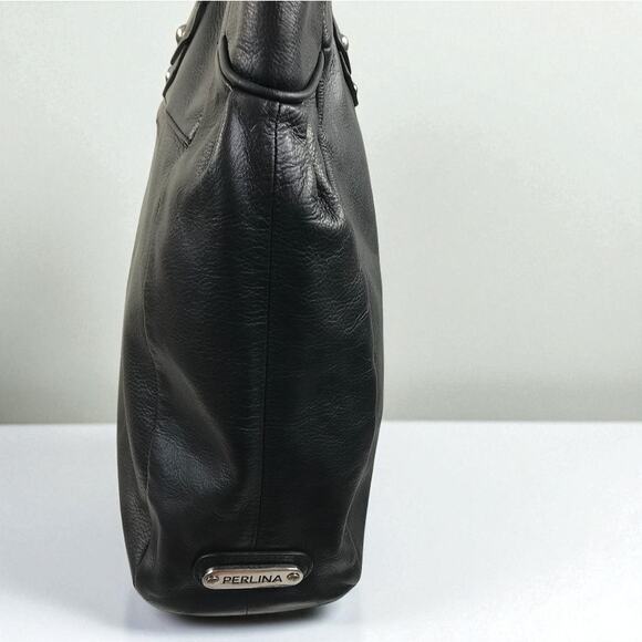 PERLINA NEW YORK Leather Tote Shoulder Bag Black Office Business Everyday Travel - Picture 6 of 11
